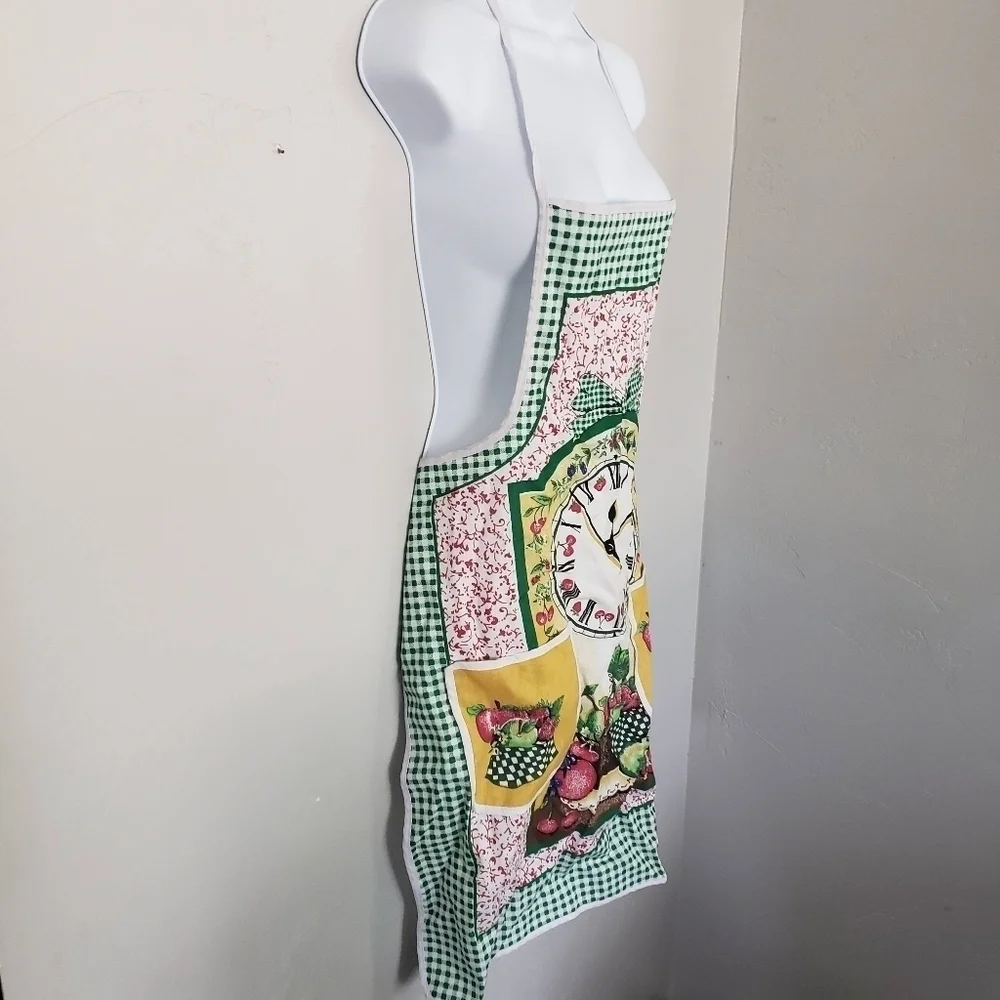 Vintage Apron Smock Green Gingham Plaid Red Apples Clock Yellow Fall Harvest